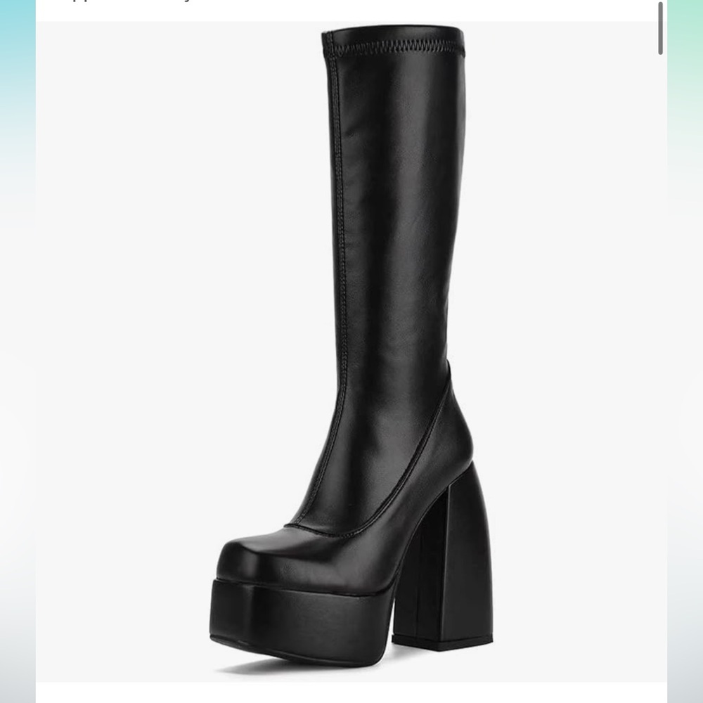 Black Platform Heeled Mid Calf Leather Boots - WORN ONCE!!